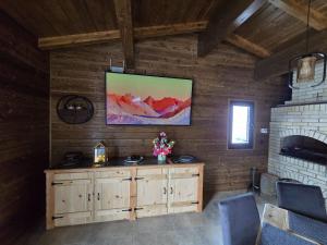 a living room with a wooden wall with a fireplace at Poiana Brazilor in Poiana Negrii
