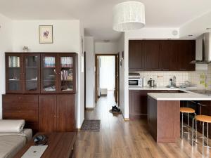 kuchnia i salon z kanapą i stołem w obiekcie APARTAMENT POD GWIAZDAMI, z dwoma ogródkami i dwoma tarasami w Polanicy Zdroju