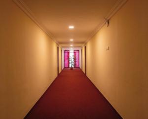 a long corridor with a red carpet and a window at The Hotel Raja Palace in Tirunelveli