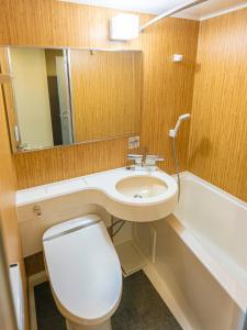 a bathroom with a sink and a toilet and a mirror at 京都駅前ひふみ旅館（HifumiRyokan Kyoto station) in Kyoto +19 photos