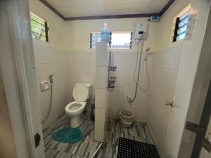 a small bathroom with a toilet and a shower at Fontelo Bungalow Guest House in Siquijor +7 photos