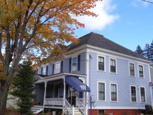 a blue house with a gray roof at Holidae House Bed & Breakfast in Bethel