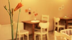 a vase with a flower in front of a table and chairs at Vila Dunavski Raj in Golubac