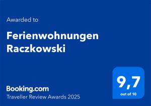 Certifikát, hodnocení, plakát nebo jiný dokument vystavený v ubytování Ferienwohnungen Raczkowski