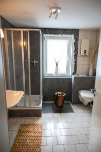 ブラウンエーベルクにあるFerienwohnung & Apartment Am Steinbrunnenのシャワー、洗面台、トイレ付きのバスルーム +13枚の写真