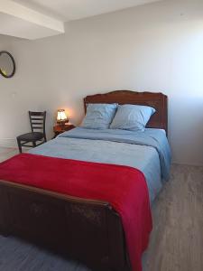a bedroom with a large bed with a red blanket at Appartement calme, emplacement stratégique, proche de toutes commodités, de l'autoroute, valenciennes, lille, Belgique, wifi, Netflix, parking Gratuits, lave linge, sèche linge in Raismes