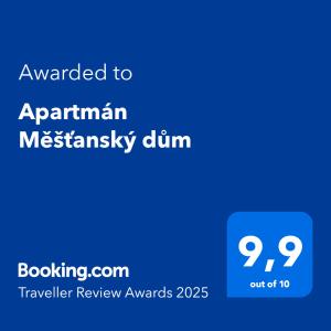 Certifikat, nagrada, znak ali drug dokument, ki je prikazan v nastanitvi Apartmán Měšťanský dům