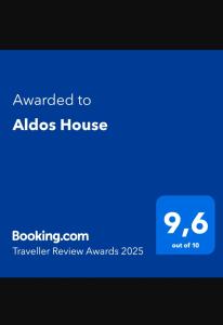 Certifikát, hodnocení, plakát nebo jiný dokument vystavený v ubytování Aldos House