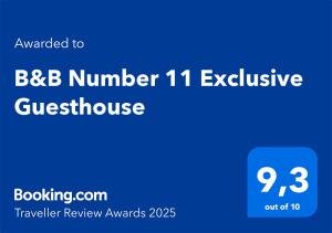 Majutusasutuses B&B Number 11 Exclusive Guesthouse olev sertifikaat, autasu, silt või muu dokument
