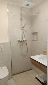a bathroom with a shower and a toilet and a sink at Schlosshotel Wilhelmsthal in Schäferberg +17 photos