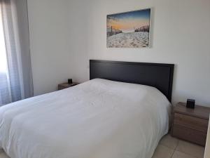 una camera da letto con un letto bianco e un quadro sul muro di Magnifique T2 neuf à 100 m de la plage d'agosta a Albitreccia