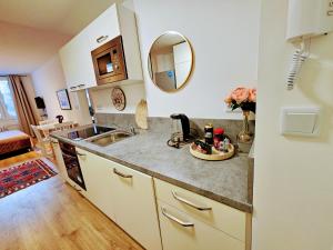 eine Küche mit Spüle und Arbeitsplatte in der Unterkunft LIVE-INN PRAGUE APARTMENTS, Private Garden, Free Parking & Gym, Roof Terrace, Lounge & Game Room in Prag + 158 Fotos