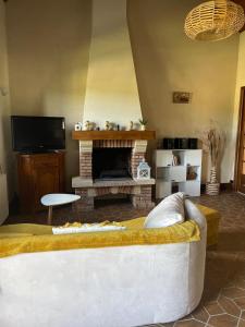 ein Wohnzimmer mit Couch und Kamin in der Unterkunft Maison cozy la casa de Coronata Châteaux-Beauval in Gièvres
