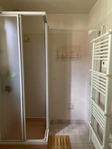 eine Dusche mit Glastür im Badezimmer in der Unterkunft Maison cozy la casa de Coronata Châteaux-Beauval in Gièvres + 18 Fotos