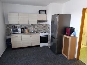 a small kitchen with a stove and a refrigerator at Apartmán Andy Černá v Pošumaví in Černá v Pošumaví