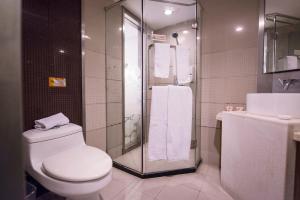 a bathroom with a toilet and a shower at Motel Shanghai Pudong Lianyang New International Expo Centre in Shanghai