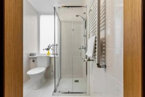 a bathroom with a toilet and a glass shower at Domus Hotel in Birštonas +38 photos