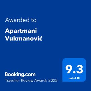 Majutusasutuses Apartmani Vukmanović olev sertifikaat, autasu, silt või muu dokument
