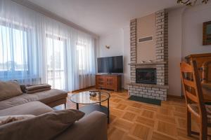 un soggiorno con divano e camino di Willa Tonkiele - Dom z Jacuzzi i Sauną na wyłączność a Tonkiele Altre 29 foto