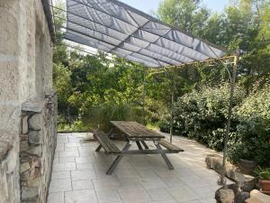 a picnic table under an umbrella on a patio at Appartement Nîmes B in Nîmes