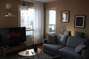 a living room with a couch and a tv at Two-room apartment in the center of Helsinki with a sauna! Free parking! in Helsinki