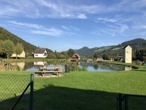 jezioro ze stołem piknikowym i ogrodzeniem w obiekcie Apartmenthaus Pastner am Teich w mieście Übelbach