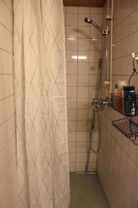 a shower with a shower curtain in a bathroom at Two-room apartment in the center of Helsinki with a sauna! Free parking! in Helsinki