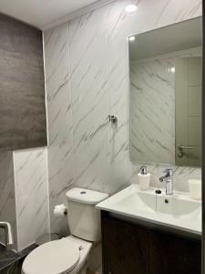 Un baño con inodoro, lavabo y espejo. en Departamento Álamo, en Puerto Montt