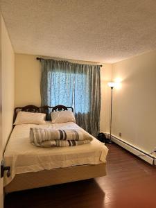 Un dormitorio con una cama grande con ventana. en Cozy & bright private one-bed rm, en Edmonton