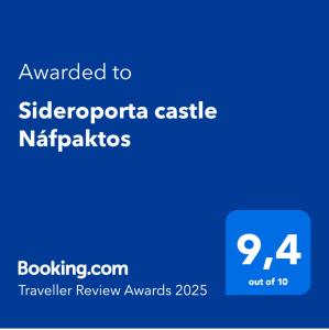 Certifikát, hodnocení, plakát nebo jiný dokument vystavený v ubytování Sideroporta castle Náfpaktos