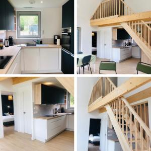 una cucina con armadi bianchi e una scala in legno di La cabine du bout du monde avec Mezzanine , votre maison de vacances de haut standing a Crozon Altre 2 foto