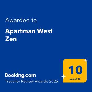 Certifikát, hodnocení, plakát nebo jiný dokument vystavený v ubytování Apartman West Zen
