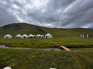 a group of white huts in a field with a hill at Horse riding&Kyzart Homestay in Dzhangyaryk