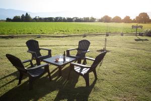 a table and four chairs with a field in the background at Cabaña Atardecer - Finca La Falda - Salta in Cerrillos