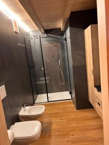 a bathroom with a shower and a toilet and a sink at Casa Franz in Tesero +18 photos