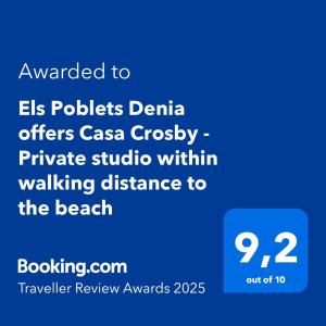 Certifikát, hodnocení, plakát nebo jiný dokument vystavený v ubytování Els Poblets Denia offers Casa Crosby - Private studio within walking distance to the beach