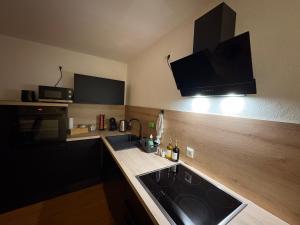 a kitchen with a sink and a counter top at Modernes Serviced Apartment - FeWo Franken Idyll in Pfofeld