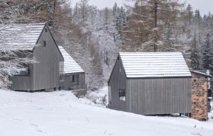 a couple of buildings in the snow at Slow Huts in Miedzygorze