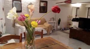 a vase of flowers on a table in a living room at La Tana del Nano in Ancona