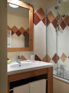 une salle de bain avec un lavabo, un miroir et une douche dans l'établissement Abrineige Le Schuss Val Thorens, à Val Thorens 31 autres photos