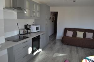 een keuken met een magnetron en een bank in een kamer bij Appartement T2 Cap d'Agde in Cap d'Agde