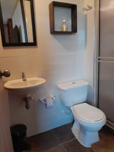 a bathroom with a white toilet and a sink at Apartamento con vista al lago in Paipa