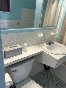 a bathroom with a sink and a toilet and a mirror at Motel R-100 in Longueuil +30 photos