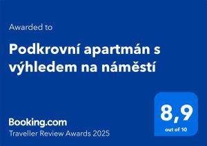 Certifikát, ocenenie alebo iný dokument vystavený v ubytovaní Podkrovní apartmán s výhledem na náměstí