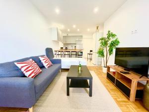 a living room with a blue couch and a tv at BnGo I Le Spacieux I 3 chambres, 2 salles de bain, 1 toilette, parking privé gratuit, 8 personnes, Vieux Lyon hypercentre in Lyon