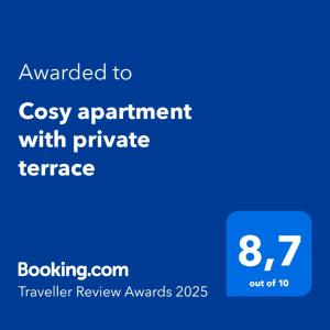 Certifikát, hodnocení, plakát nebo jiný dokument vystavený v ubytování Cosy apartment with private terrace