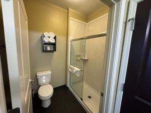 a bathroom with a toilet and a glass shower at Staybridge Suites Marquette by IHG in Marquette