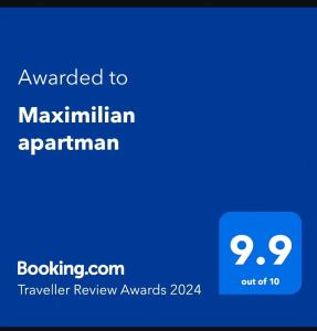 Un certificat, premiu, logo sau alt document afișat la Maximilian apartman