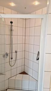 eine Dusche im Bad mit weißen Fliesen in der Unterkunft 8-10 Personen Maisonette Wohnung mit 3,5 Schlafzimmern in Wörrstadt