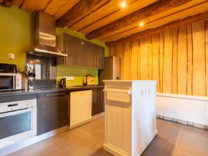 a large kitchen with wooden walls and stainless steel appliances at Maison typique 6 pers, proche Peyragudes et Loudenvielle - FR-1-695-70 in Loudenvielle